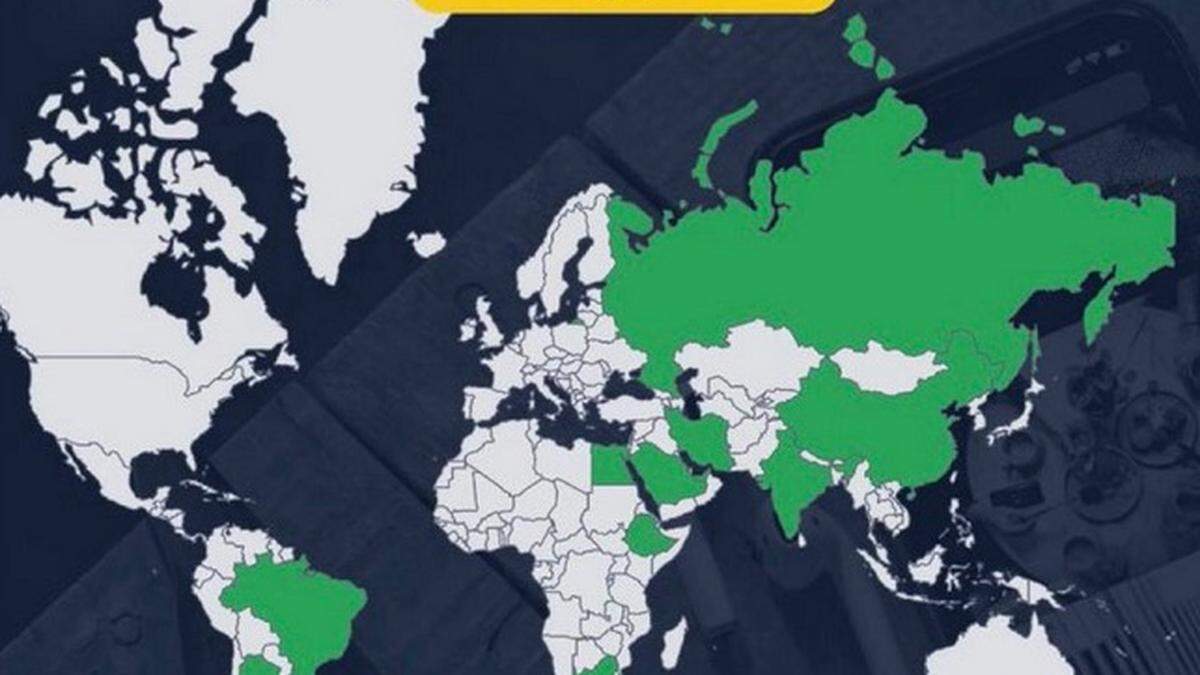 Die Karte zeigt neben den BRICS-Staaten auch die Ukraine mit ihren ursprünglichen Grenzen