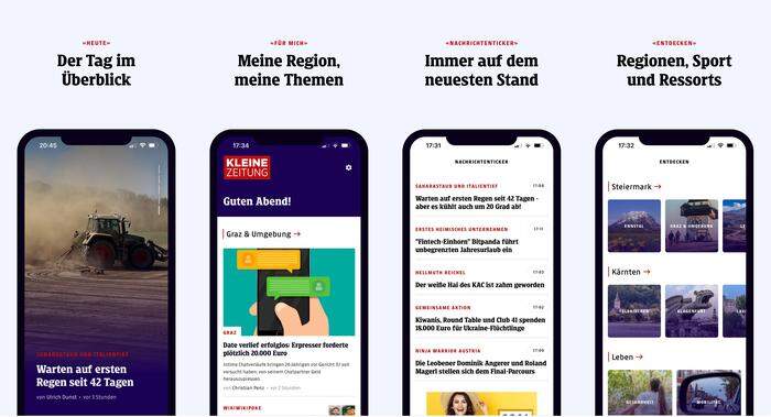 Die Bereiche der Kleine Zeitung App: Heute, Für Mich, Ticker und Entdecken