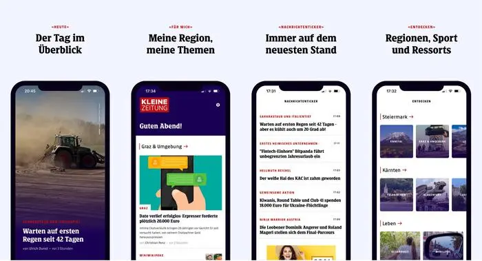 Die Bereiche der Kleine Zeitung App: Heute, Für Mich, Ticker und Entdecken