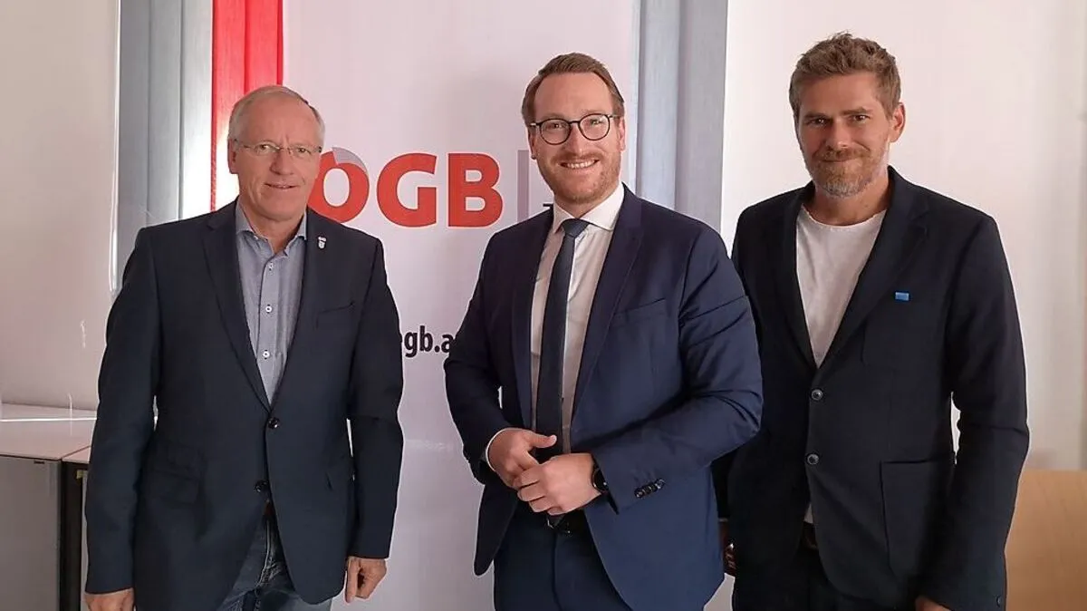 Willi Lackner, ÖGB-Regionalvorsitzender Osttirol, empfing ÖGB-Landesvorsitzender Philip Wohlgemuth beim Regionsbesuch mit ÖGB-Landessekretär Benjamin Praxmarer (von links nach rechts) 