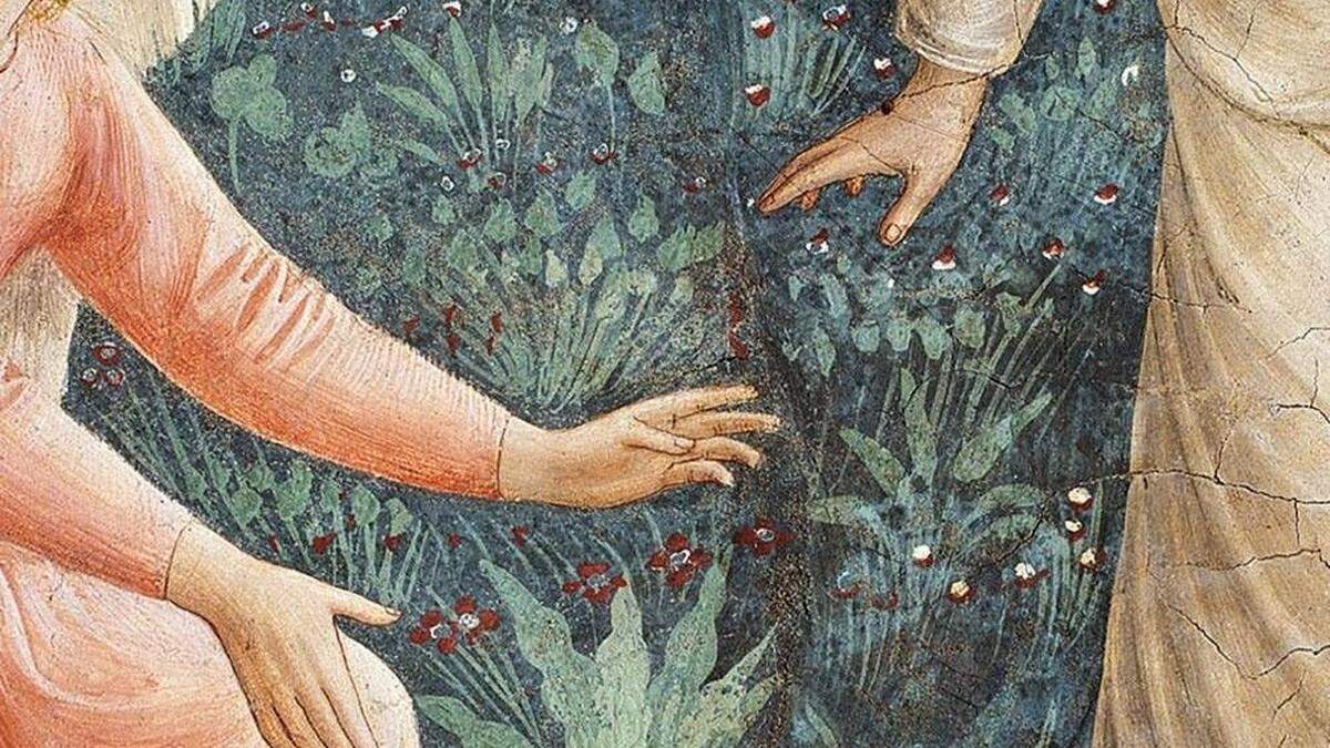 &quot;Rühr mich nicht an!&quot; sagt der Auferstandene zu Maria Magdalena. Ausschnitt aus Fra Angelicos († 1455) Fresko in San Marco in Florenzressuscite jardinier L aureole de Jesus Chri