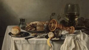 Stillleben mit Früchtepastete, Silbertazza, vergoldetem Deckelpokal und Römer“, Öl auf Holz, 1637