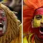 (COMBO) This combination of pictures created on July 12, 2024 shows an England supporter (L) dressed as a lion during the UEFA Euro 2024 semi-final football match between the Netherlands and England at the BVB Stadion in Dortmund on July 10, 2024 and a Spain supporter (R) before the start of the UEFA Euro 2024 quarter-final football match between Spain and Germany at the Stuttgart Arena in Stuttgart on July 5, 2024. (Photo by Tobias SCHWARZ and Kenzo TRIBOUILLARD / AFP)