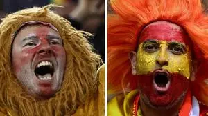 (COMBO) This combination of pictures created on July 12, 2024 shows an England supporter (L) dressed as a lion during the UEFA Euro 2024 semi-final football match between the Netherlands and England at the BVB Stadion in Dortmund on July 10, 2024 and a Spain supporter (R) before the start of the UEFA Euro 2024 quarter-final football match between Spain and Germany at the Stuttgart Arena in Stuttgart on July 5, 2024. (Photo by Tobias SCHWARZ and Kenzo TRIBOUILLARD / AFP)