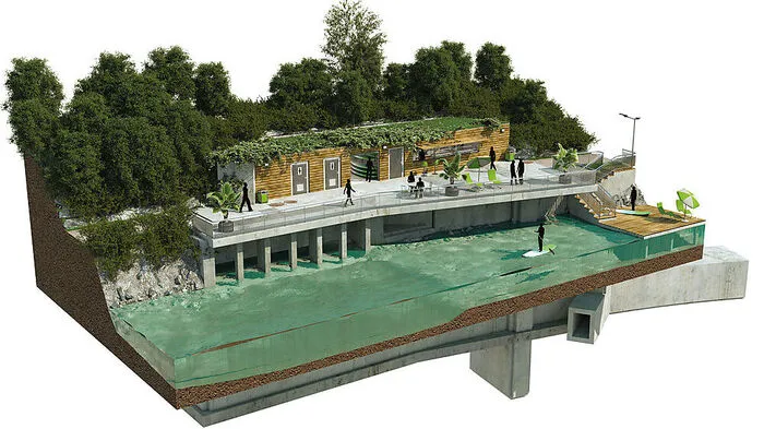 So soll der "Stadtbalkon" bei der Radetzkybrücke - dem nördlichen Ende des Zentralen Speicherkanals - aussehen, wenn er im Herbst fertig ist: Oben Aussichtsplattform, innen drin das gespeicherte Schmutzwasser.