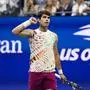 Carlos Alcaraz, of Spain, reacts during a match against Daniil Medvedev, of Russia, during the men's singles semifinals of the U.S. Open tennis championships, Friday, Sept. 8, 2023, in New York. (AP Photo/John Minchillo)
