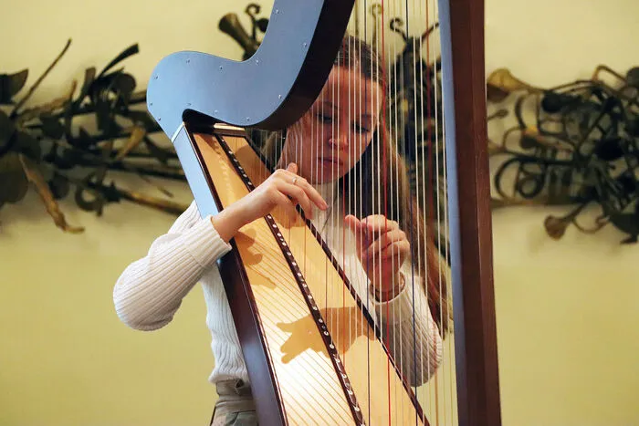 Sowie an der Harfe Elisabeth Kozelsky von der Musikschule Feldkirchen.