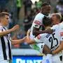 GRAZ,AUSTRIA,25.AUG.19 - SOCCER - tipico Bundesliga, SK Sturm Graz vs WSG Tirol. Image shows the rejoicing of Ivan Ljubic, Michael John Lema, Stefan Hierlaender and Bekim Balaj (Sturm). Photo: GEPA pictures/ Mario Buehner