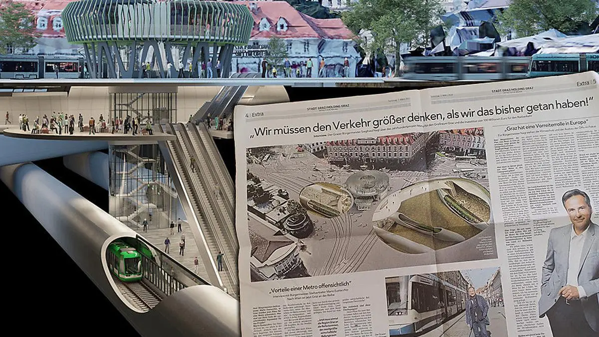 Großformatig und österreichweit wurde die Mini-Metro mit Bürgermeister Siegfried Nagl (ÖVP) und Vize Mario Eustacchio (FPÖ) inseriert