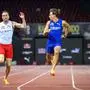 Swedish pole vaulter Armand Duplantis (R) reacts as he wins against Norwegian hurdler and sprinter Karsten Warholm in a head-to-head exhibition 100m sprint race on the sideline of the IAAF Diamond League "Weltklasse" athletics meeting, at the Letzigrund Stadium in Zurich, on September 4, 2024. The two track stars took up a 100 metres race challenge on the eve of the Diamond League meeting to make good on some training ground banter that has escalated all the way to a sprint-off. They are both current World record holders, in pole vaulting for Duplantis and 400m hurdles for Warholm. (Photo by Fabrice COFFRINI / AFP)