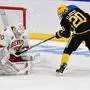 March 30, 2019 Denver Pioneers goaltender Filip Larsson (30) stops a shot by American International Yellow Jackets forward Tobias Fladeby (20) during the NCAA College League USA Men s Hockey West Regional championship game between the American International College Yellow Jackets and the Denver Pioneers at Scheels Arena, Fargo, ND. Denver defeated AIC 3-0 to move on to the Frozen Four. /CSM NCAA Hockey 2019: American International vs Denver MAR 30  - ZUMAc04_ 20190330_zaf_c04_469 Copyright: xRussellxHonsx