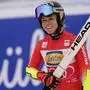 Switzerland's Lara Gut Behrami reacts after completing an alpine ski, women's World Cup super G, in Garmisch, Germany, Sunday, Jan. 26, 2025. (AP Photo/Piermarco Tacca)