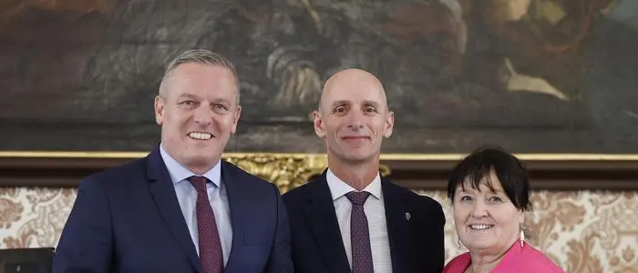 Stellen am Donnerstag das Budget vor: Landeshauptmann Mario Kunasek (FPÖ), Finanzlandesrat Willibald Ehrenhöfer (ÖVP) und Landeshauptmann-Stellvertreterin Manuela Khom (ÖVP)