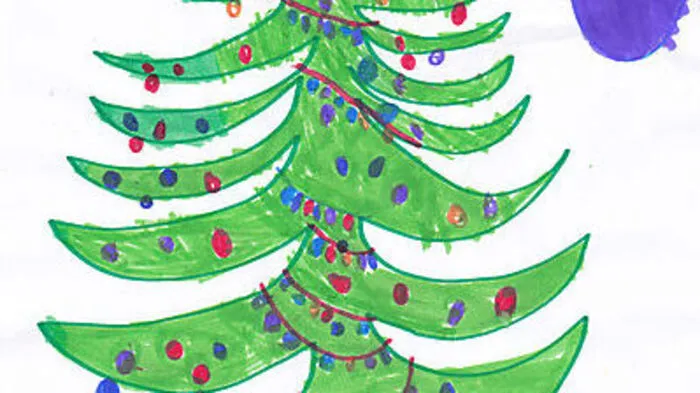 1. Dezember: Die siebenjährige Jasmin Mikusch aus Frantschach-St. Gertraud hat sich die Adventszeit mit Malen verkürzt. Sie hat einen bunt dekorierten Christbaum und das heranfliegende Christkind gezeichnet. Natürlich darf der Sack voller Geschenke nicht fehlen.