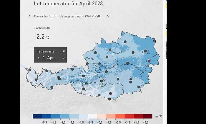 Monatsmittelwert der Lufttemperatur für April 2023 – gesehen bei Sigi Fink FB