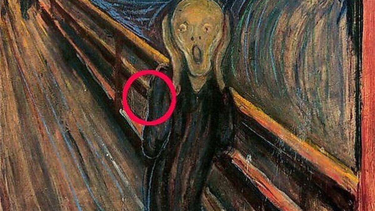 Die erste von vier Versionen des &quot;Schrei&quot; von Edvard Munch. Ein Fleck (rot umrandet) wurde nun als Kerzenwachs identifiziert. 