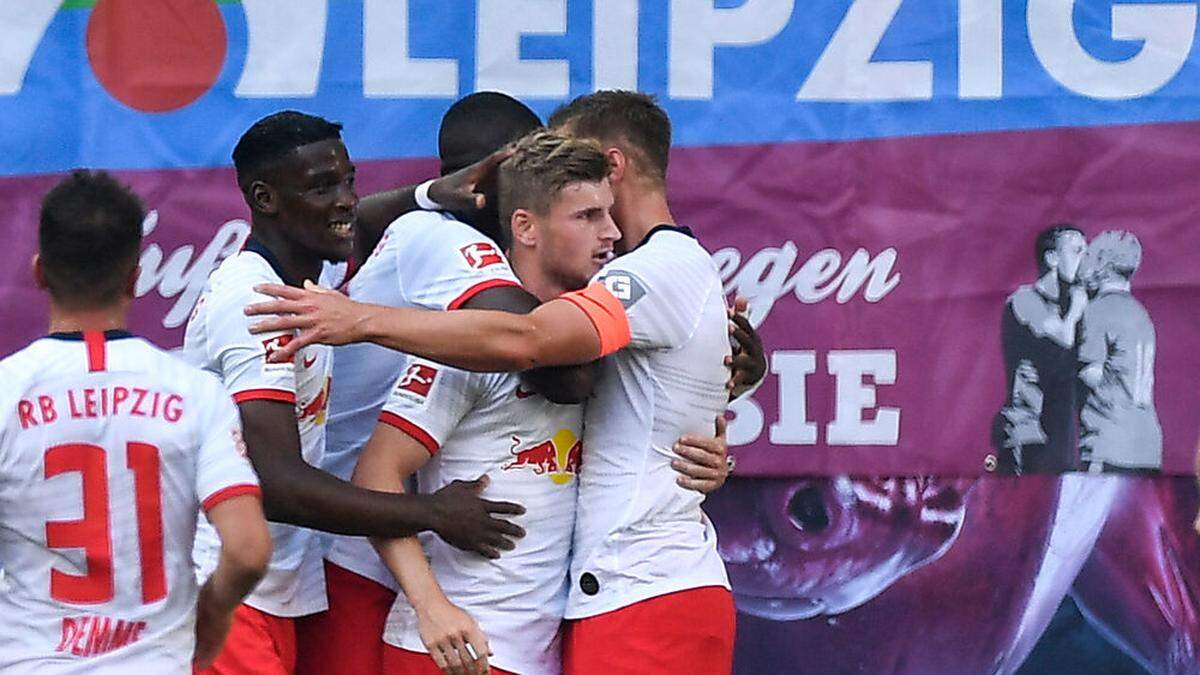 RB leipzig jubelt, mittendrin Timo Werner