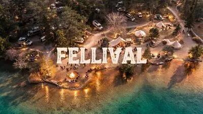 KI-generierte Vogelperspektive von einem Festivalgelände am See. Man sieht Lichter und Zelte am Strand, dahinter sieht man einen Wald