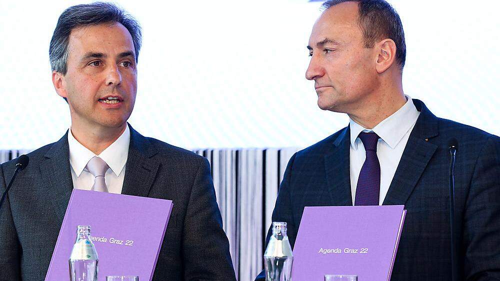 Bürgermeister Siegfried Nagl (ÖVP) und Vizebürgermeister Mario Eustacchio (FPÖ) präsentieren sich in gemeinsamen digitalen Licht