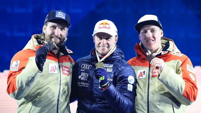 Marco Schwarz, Alexis Pinturault und Raphael Haaser (v. l.)