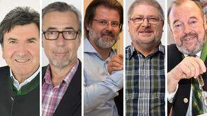 Die Spitzenkandidaten der Gemeinderatswahl 2020 für Stainz: Franz Hopfgartner (AFS), Werner Gradwohl (FPÖ), Thomas Stoimaier (SPÖ), Uwe Begander (Grüne) und Walter Eichmann (ÖVP)