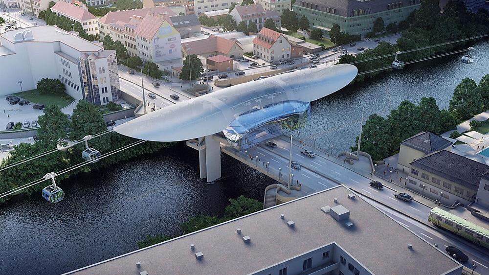 Die Montage von einer Seilbahn über die Bertha-von-Suttner-Brücke stammt schon aus dem Jahr 2013 - die Idee zur Murgondel ist sogar noch älter