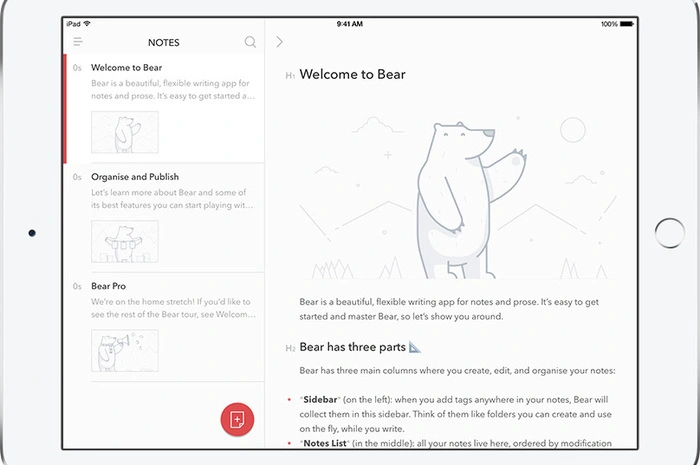 Bear ist eine Art Notizblock für iPhone, iPad und Macbook. Die App soll Autoren dabei helfen, ihrer Kreativität überall freien Lauf zu lassen. Unterschiedliche Typografien und ein simples Design machen es zum idealen Tool, um Artikel, Gedichte, kleine Notizen oder ganze Bücher zu schreiben. Kostenlos