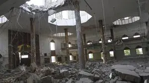 Rubble covers the ground of a mosque that was hit by Indian missile attack is seen, near Bahawalpur, a city in Pakistan's Punjab province, Wednesday, May 7, 2025. (AP Photo/Asim Tanveer)