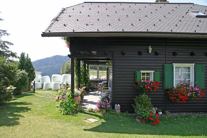Das Haus von der Rückseite mit Blick auf die Zufahrt samt "Barriere"