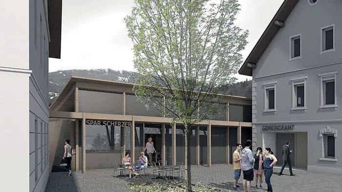 So wird das neugestaltete Gemeindeamt samt Dorfplatz und Nahversorger aussehen
