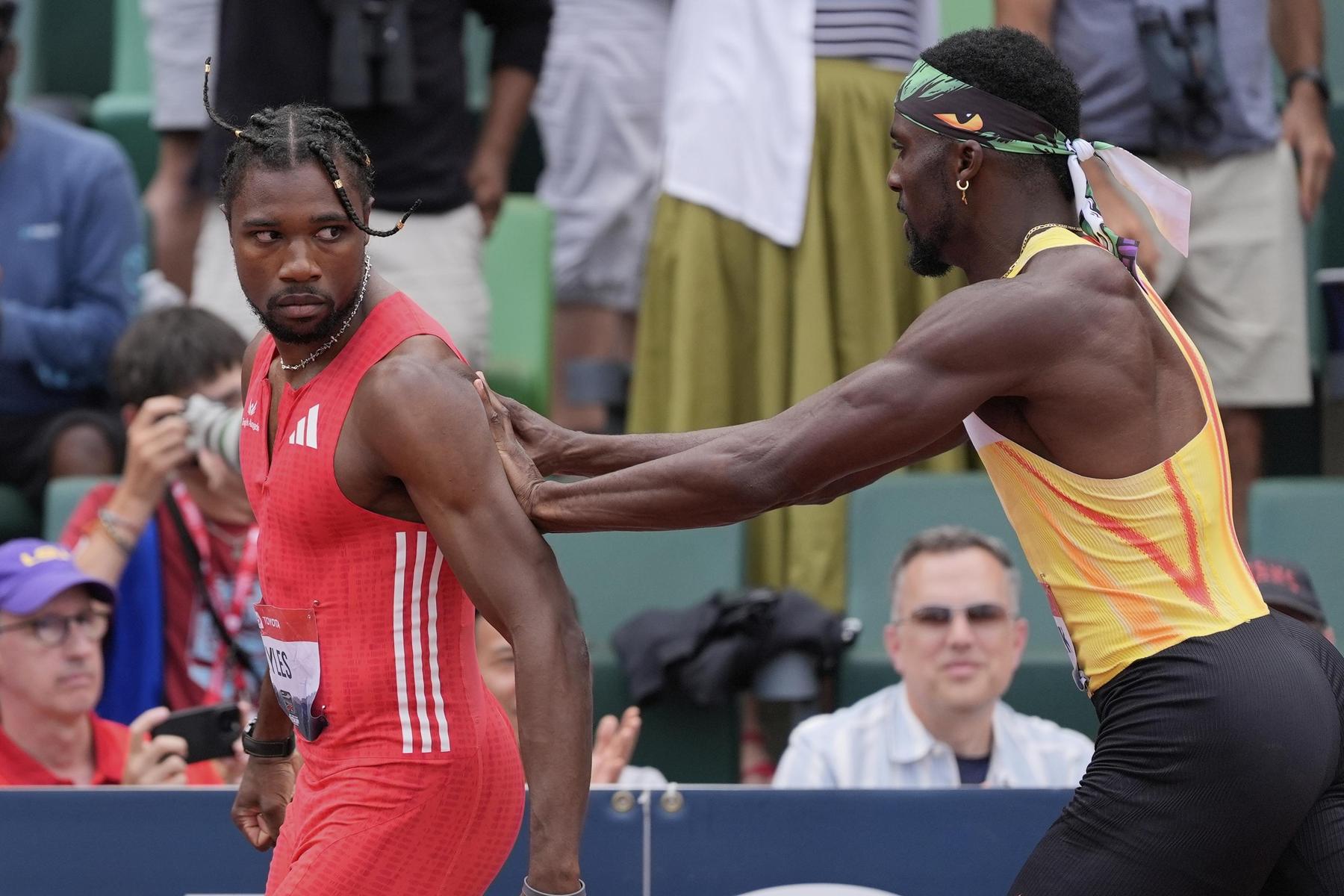 US-Sprintstars : Noah Lyles und Kenny Bednarek gerieten im Ziel aneinander