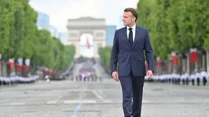 Macron at Bastille Day Parade - Paris French President Emmanuel Macron during the annual traditionnal Bastille Day parade on the Champs-Elysees Avenue in Paris on July 14, 2025. Photo by Eric Tschaen/Pool/ABACAPRESS.COM Paris IDF France PUBLICATIONxNOTxINxFRAxUK Copyright: xTschaenxEric/Pool/ABACAx