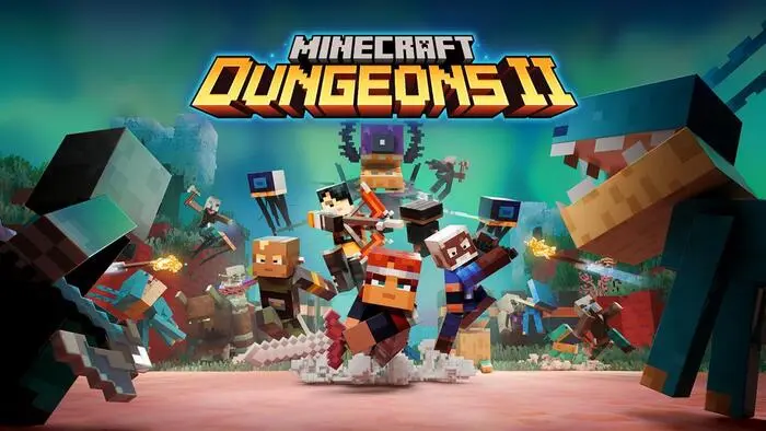 Mehrere Figuren aus dem Spiel Minecraft springen energisch in die Kamera