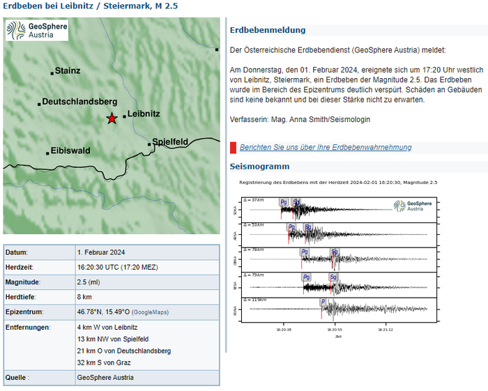 Das Beben ereignete sich vier Kilometer westlich von Leibnitz