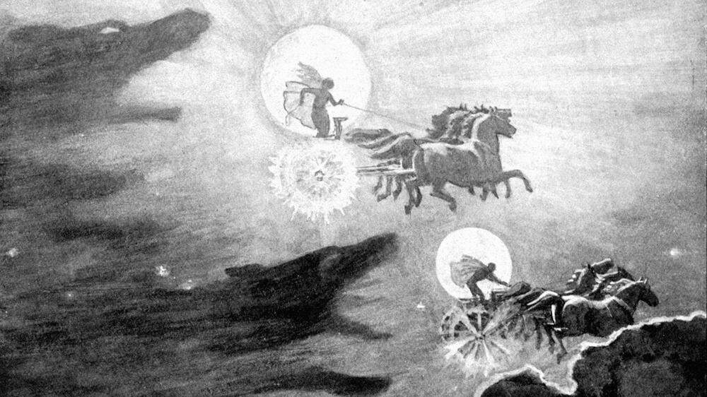 Hati und Skalli jagen Mani und Sol (Illustration aus „Myths of the Norsemen from the Eddas and Sagas“, London 1909, J. Ch. Dollman)
