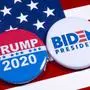 London, UK - May 5th 2020: Donald Trump and Joe Biden pin badges, pictured of the USA flag.  The two men will be battling eachother in the 2020 US Presidential Election.