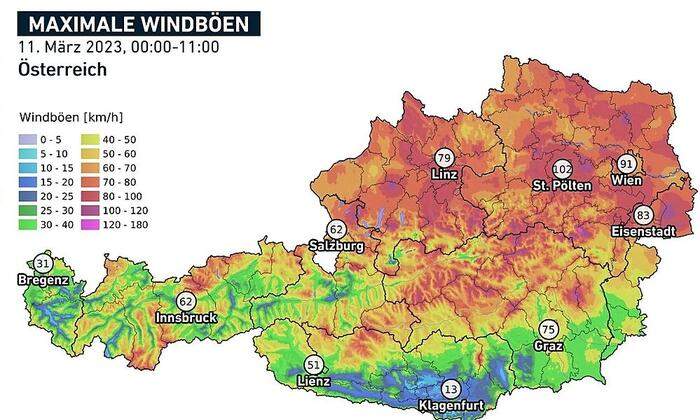 Windspitzen in Österreich bis 11.00