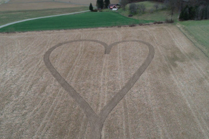 In Großklein in der Südsteiermark spurte ein Landwirt für seine Frau ein Herz in den Acker. Schöpfer des erdigen Kunstwerks ist der Landwirt Karlheinz Zitz. "Mein Mann wollte die Scheibenegge ausprobieren. Dabei hatte er die spontane Idee, für mich ein Herz in den Acker zu zeichnen. Als er mir ein Foto davon gezeigt hat, habe ich mich natürlich sehr gefreut", schwärmt Gattin Franziska Zitz.