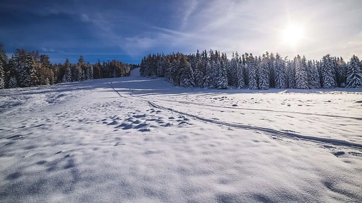 Skigebiet Grebenzen St. Lambrecht: Derzeit sind dort Tellerlift und Sesselbahn wie Kinderland in Betrieb, am Bild zu sehen die angezuckerte Landschaft beim Schutzhaus in 1660 Meter Seehöhe