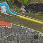 Der neue Flughafenkomplex soll hier entstehen (blaue Fläche), im Süden der TecPark (rote Fläche, nördlich und südlich der Landebahn der Gewerbe- und Logistikpark (gelb, beige)