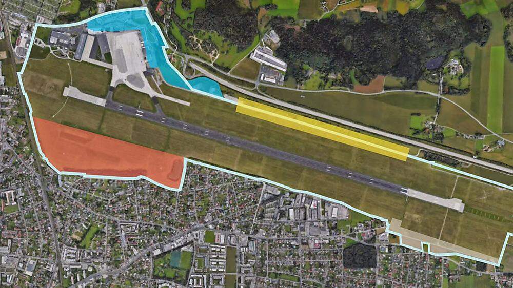 Der neue Flughafenkomplex soll hier entstehen (blaue Fläche), im Süden der TecPark (rote Fläche, nördlich und südlich der Landebahn der Gewerbe- und Logistikpark (gelb, beige)