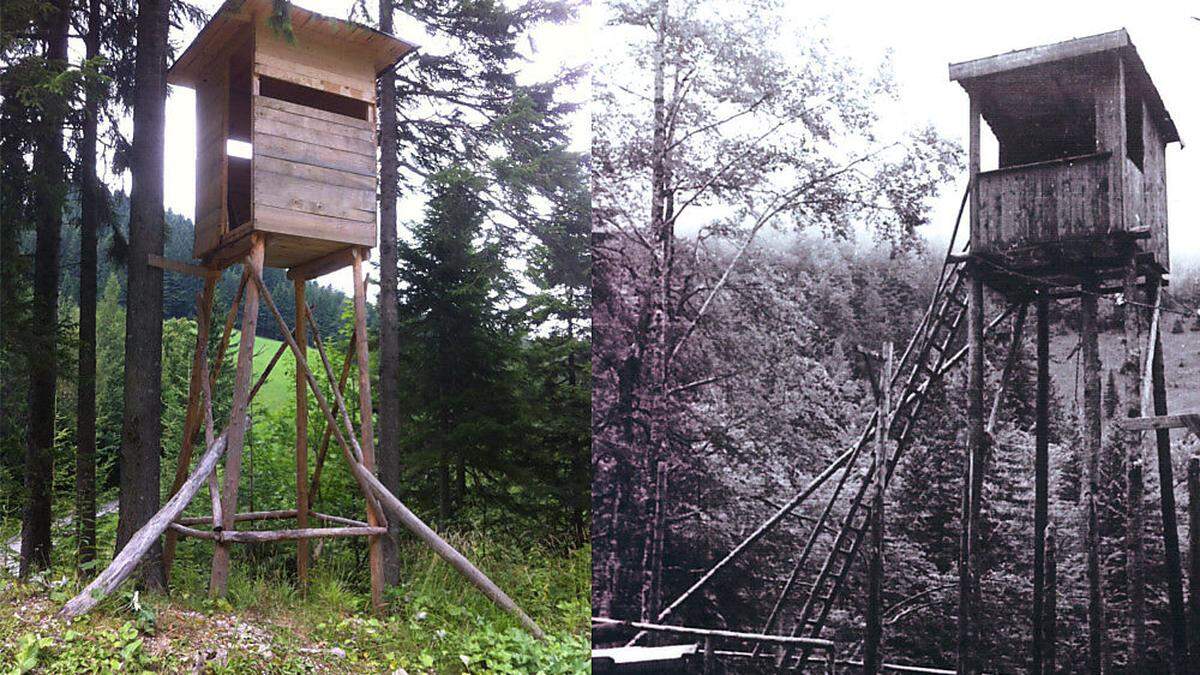 Links: Der hochsitz, der im Oktober 2015 gebaut wurde. Rechts: Der Wachturm im Jahr 1945