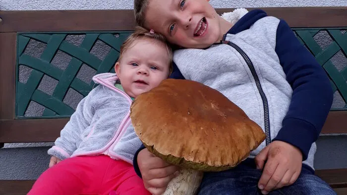 Lara und Lukas aus Kaindorf an der Sulm staunten nicht schlecht über den 1,077 Kilogramm schweren Pilz, den ihre Oma gefunden hat