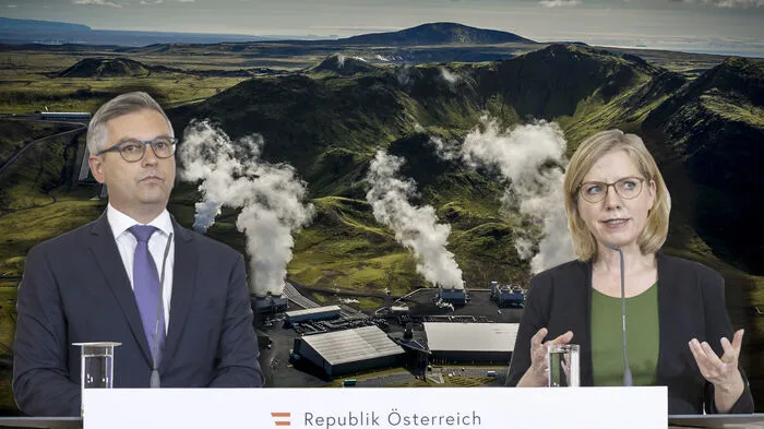 Finanzminister Magnus Brunner (ÖVP) und Klimaministerin Leonore Gewessler (Grüne) sind sich beim Umgang mit CO₂-Speicherung nicht einig. Im Hintergrund: Die Anlage "Orca" filtert in Island seit 2021 CO₂ aus der Luft