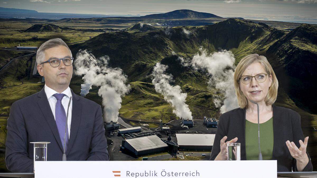 Finanzminister Magnus Brunner (ÖVP) und Klimaministerin Leonore Gewessler (Grüne) sind sich beim Umgang mit CO₂-Speicherung nicht einig. Im Hintergrund: Die Anlage &quot;Orca&quot; filtert in Island seit 2021 CO₂ aus der Luft