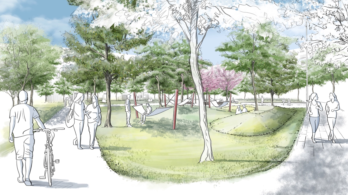 Nikolaus-Harnoncourt-Park | Viele Bäume, Freiflächen und Wasserzone: Der Nikolaus-Harnoncourt-Park in der Smart City mit am Ende gut 3000 Bewohnern und 1600 Beschäftigten