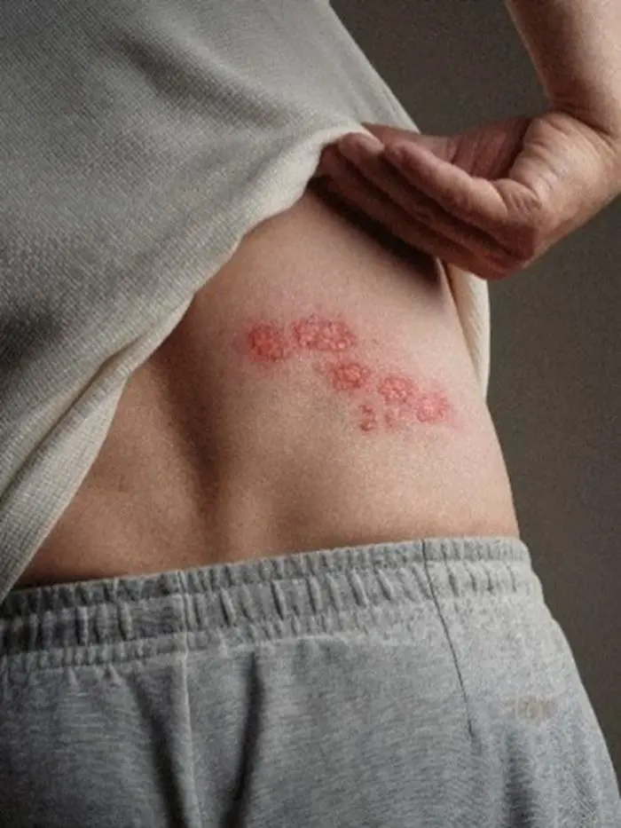 Typisch für eine Gürtelrose ist ein Bläschenausschlag, der üblicherweise einseitig auftritt.