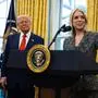 Attorney General Pam Bondi delivers remarks while President Donald Trump looks on after Bondi was sworn in as attorney general in the Oval Office at the White House in Washington, D.C. on Wednesday, February 5, 2025. PUBLICATIONxINxGERxSUIxAUTxHUNxONLY WASP20250205104 FrancisxChung/POLITICO