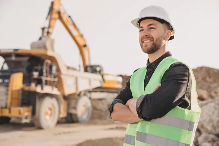 Male worker with bulldozer in sand quarry