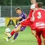 STEYR,AUSTRIA,22.JUL.23 - SOCCER - UNIQA OEFB Cup, SK Vorwaerts Steyr vs SK Austria Klagenfurt. Image shows Christopher Wernitznig (A.Klagenfurt) and Milan Ziric (Steyr).
Photo: GEPA pictures/ Manfred Binder
